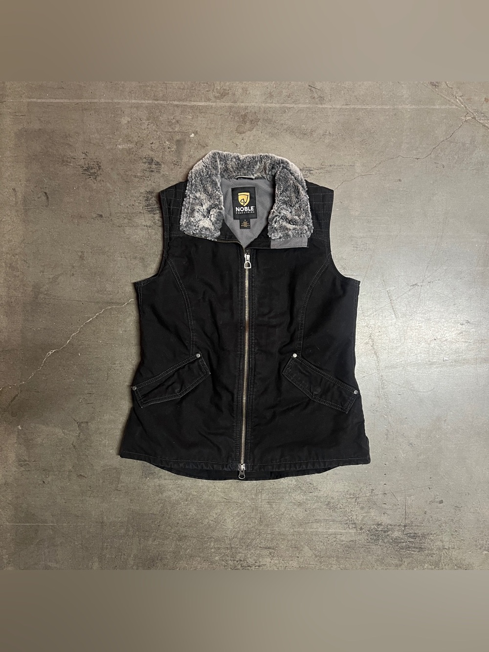 Noble Equestrian Black Vest with Gray Faux Fur Collar